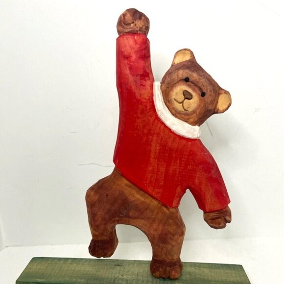 Carved Wood Christmas Bear Teeter Totter Rocking Sculpture Figurine Red Sweater - Picture 1 of 4